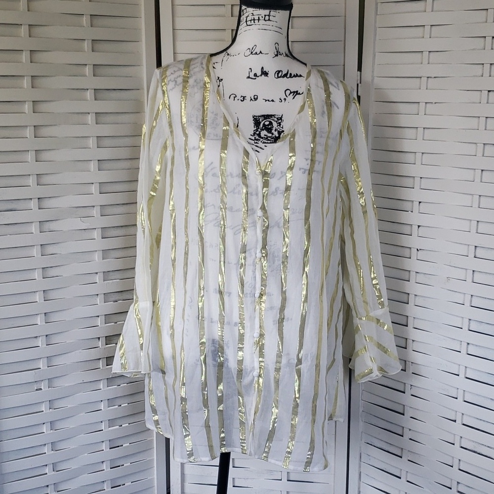 Shoe Me Your MuMu semisheer gold striped button down shirt L new